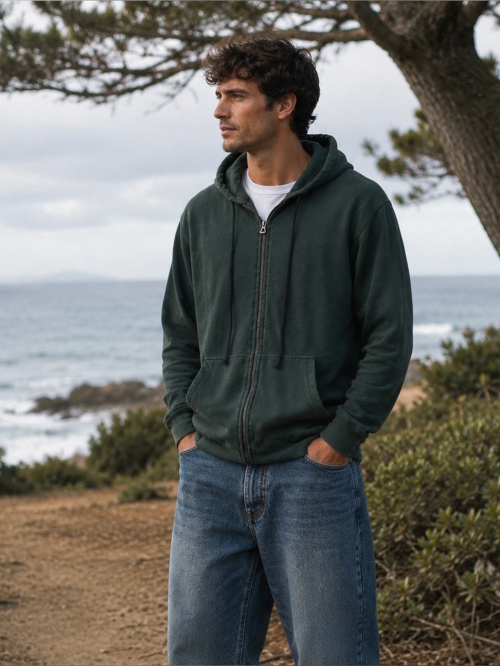 Standard James Perse Zip Up Hoodie Men SZ 3/L Green Vintage French Terry Casual